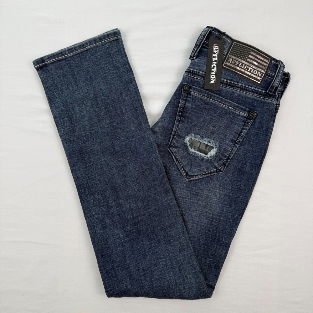 Affliction Cooper Devin Mens Jeans 28 Dark Wash Distressed Camo Patch Straight